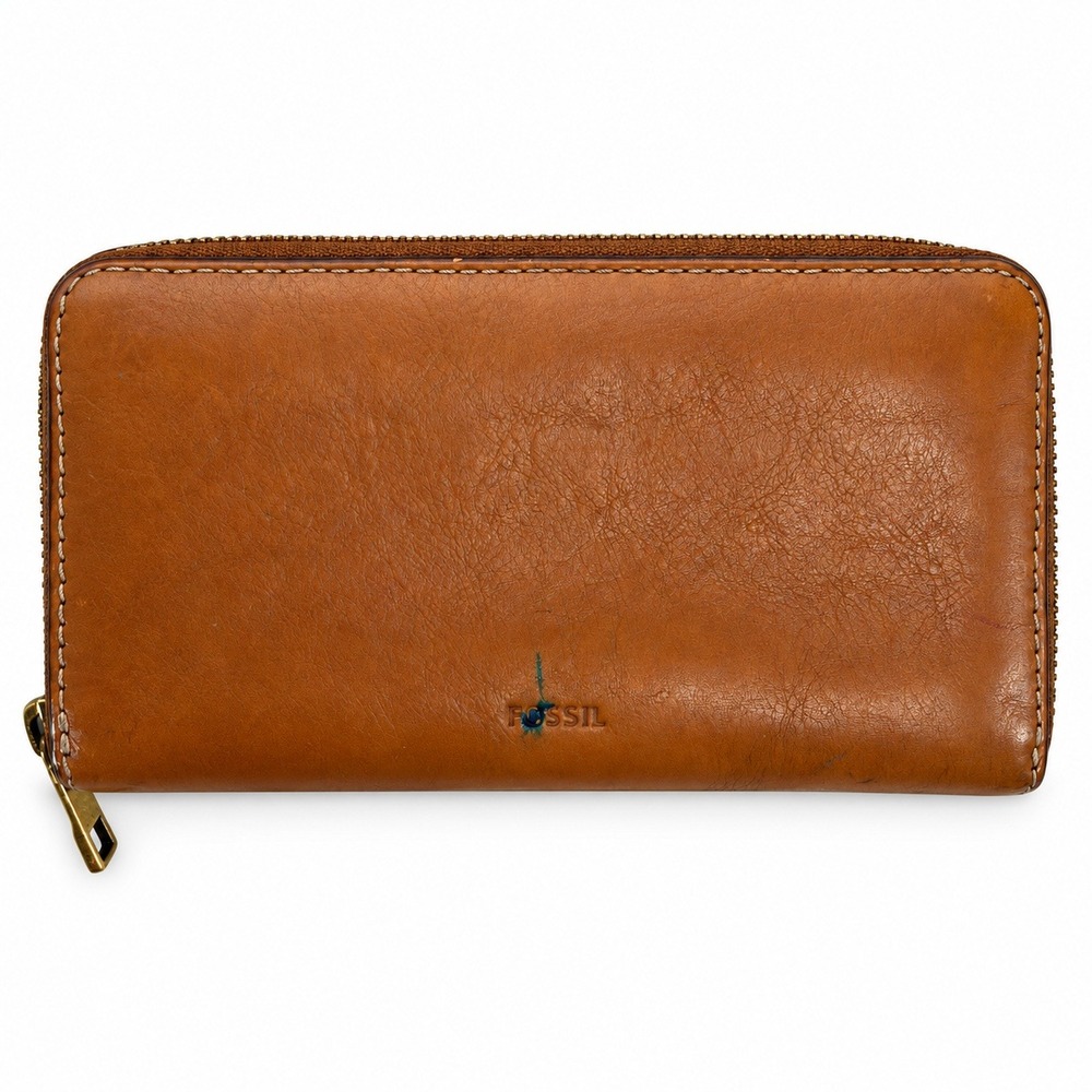Fossil OS Leather Zip Around Clutch Wallet Tan Brown Contrast Stitch Classic